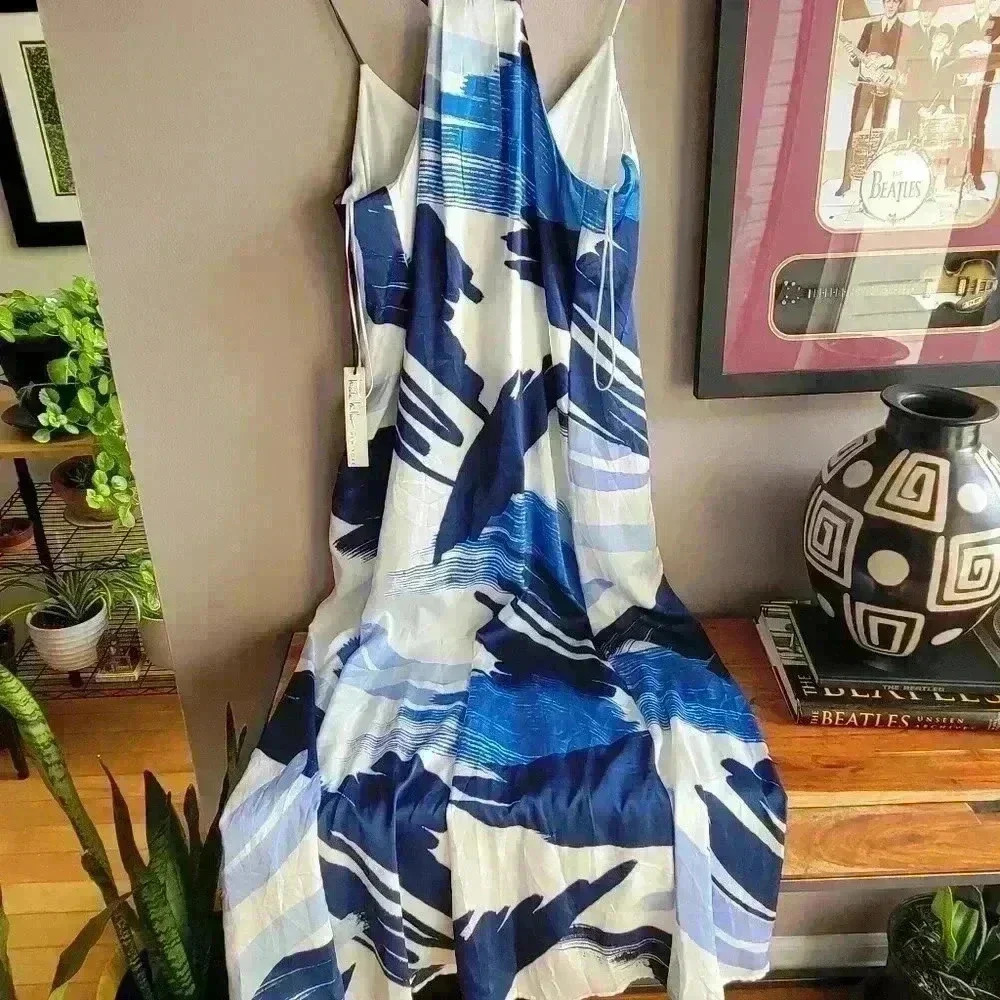 NICOLE MILLER Abstract Print Sleeveless Maxi Dress Medium SilkyBlue White Lined - Picture 2 of 10